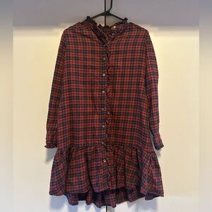 ❤️GAP - Women’s Long Sleeve Red & Navy Plaid Ruffled Dress (Size Small Petite)